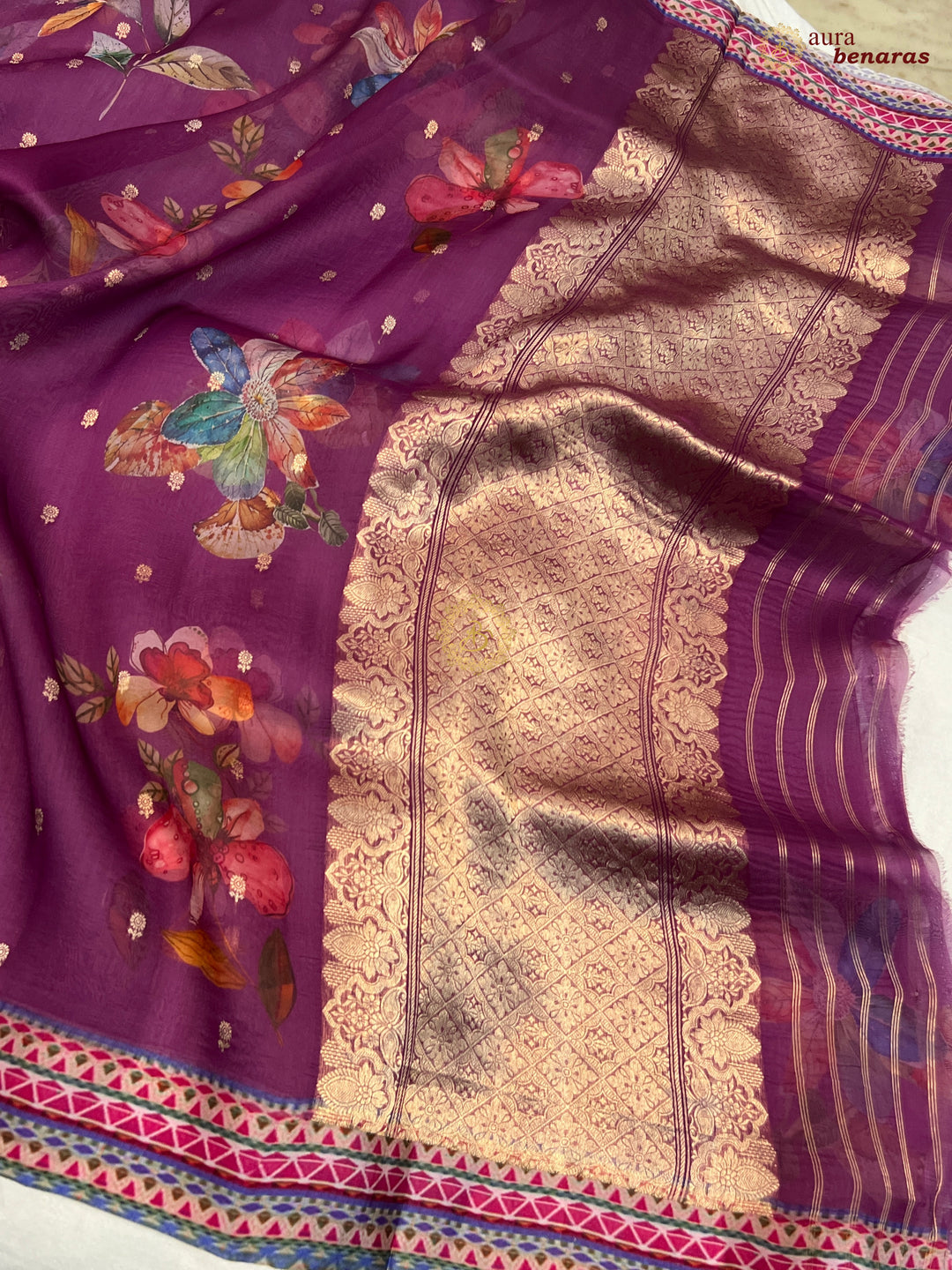 Margenta Purple Pure Banarasi Kora Silk Saree with Digital Print 