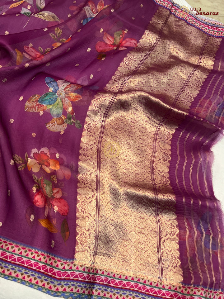 Margenta Purple Pure Banarasi Kora Silk Saree with Digital Print 