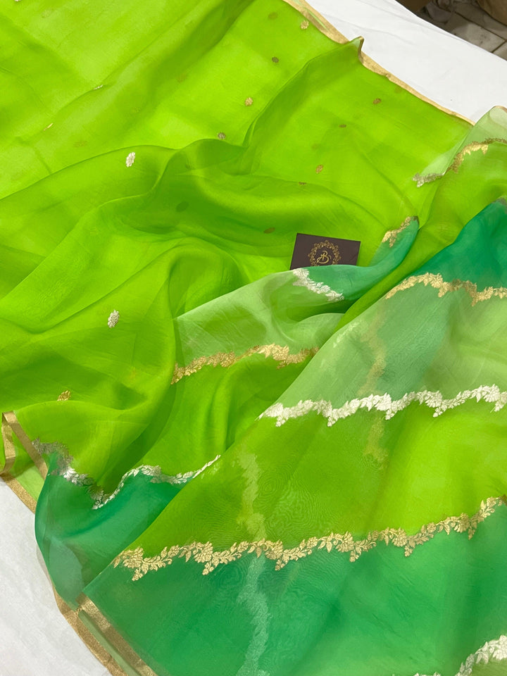 Pista Green Banarasi Handloom Kora Silk Saree - Aura Benaras