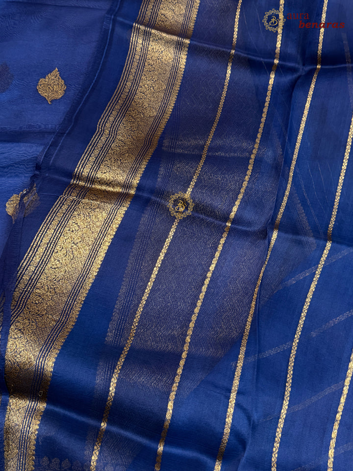 Navy Blue Banarasi Handloom Kora Silk Saree - Aura Benaras