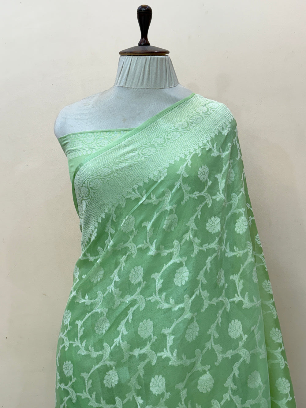 Pistal Green Pure Banarasi Khaddi Chiffon Saree