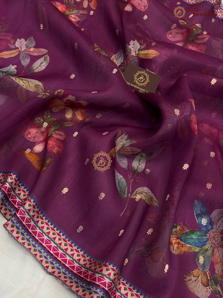 Margenta Purple Pure Banarasi Kora Silk Saree with Digital Print 