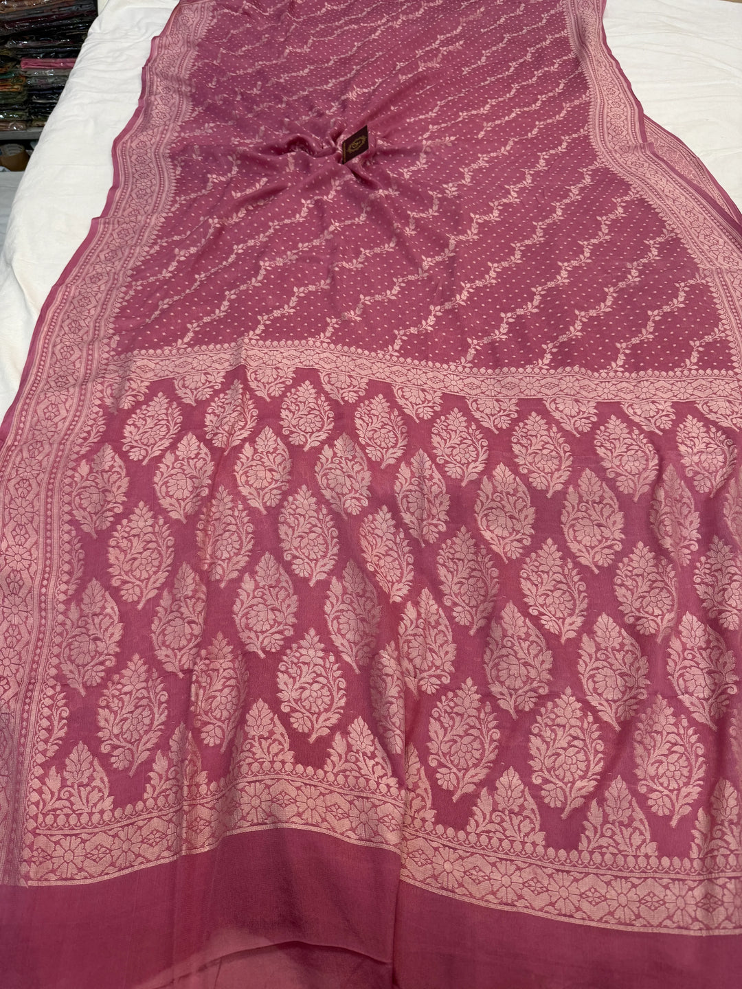 Onion Pink Pure Banarasi Khaddi Chiffon Saree