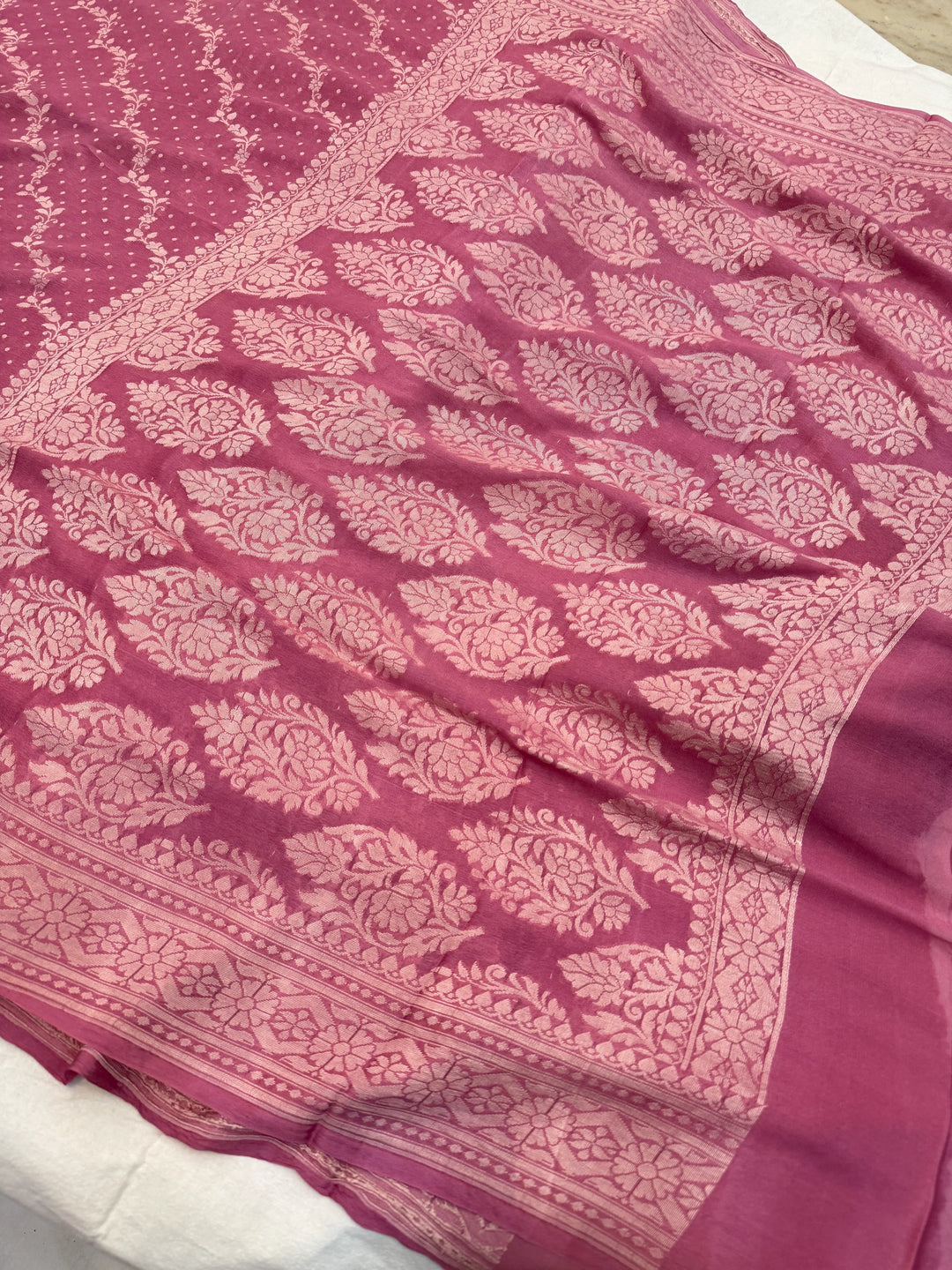Onion Pink Pure Banarasi Khaddi Chiffon Saree