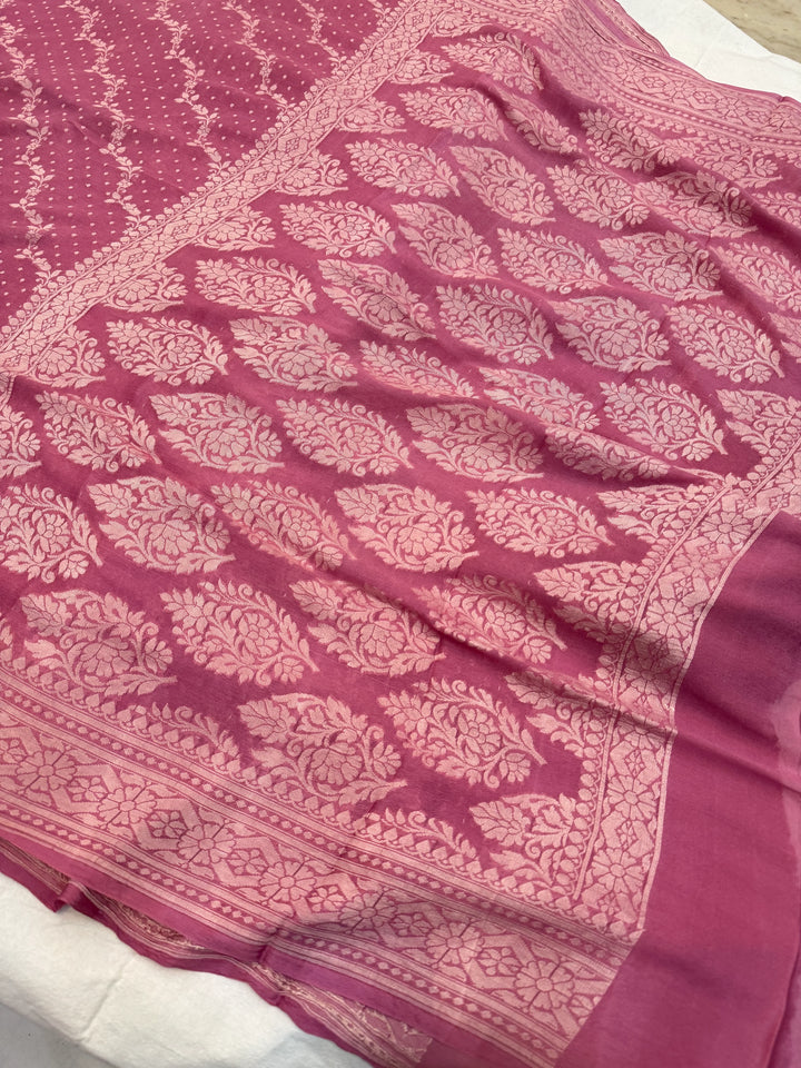 Onion Pink Pure Banarasi Khaddi Chiffon Saree