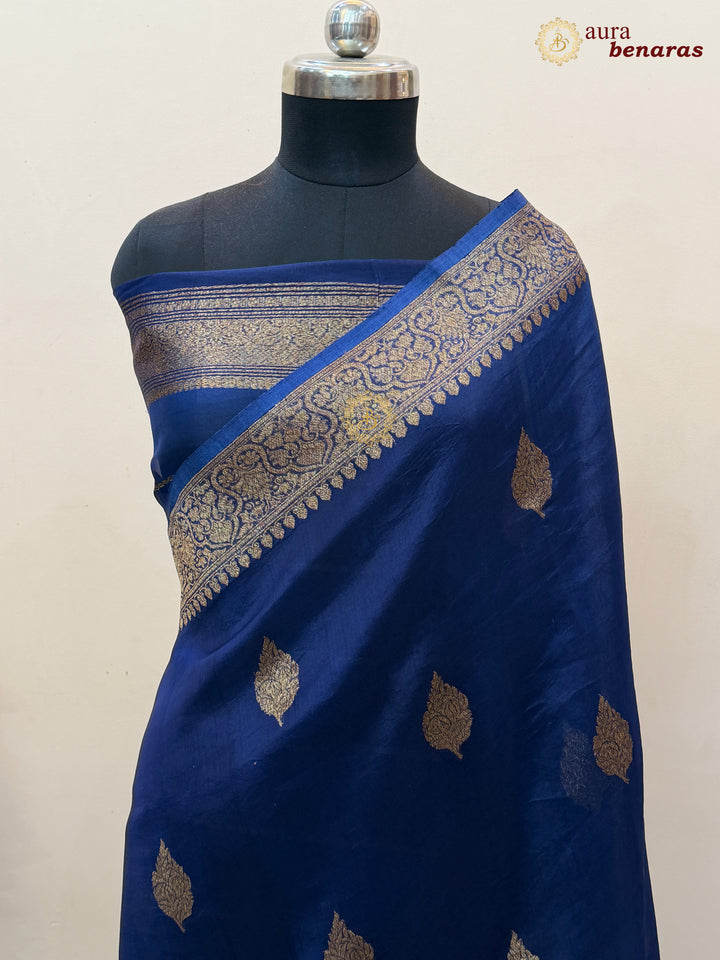 Navy Blue Banarasi Handloom Kora Silk Saree - Aura Benaras