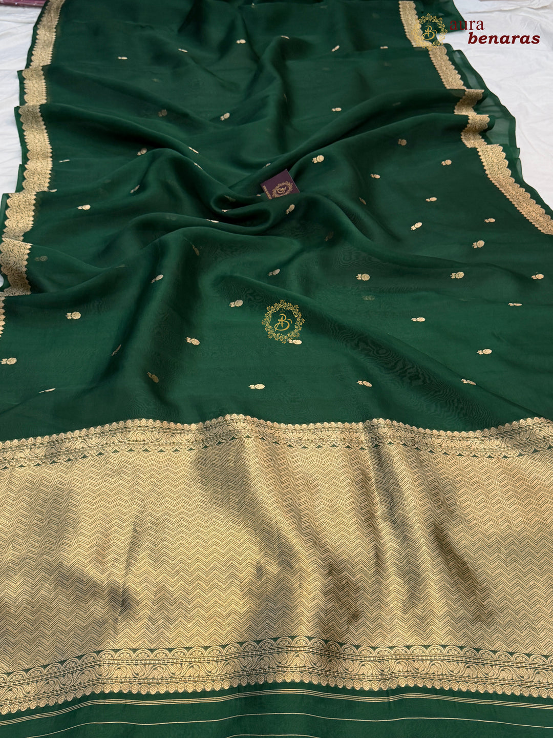 Bottle Green Pure Kora Silk Banarasi Saree with Zari Butis & Border