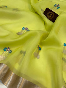 Neon Yellow Pure Banarasi Handloom Silk Saree - Aura Benaras