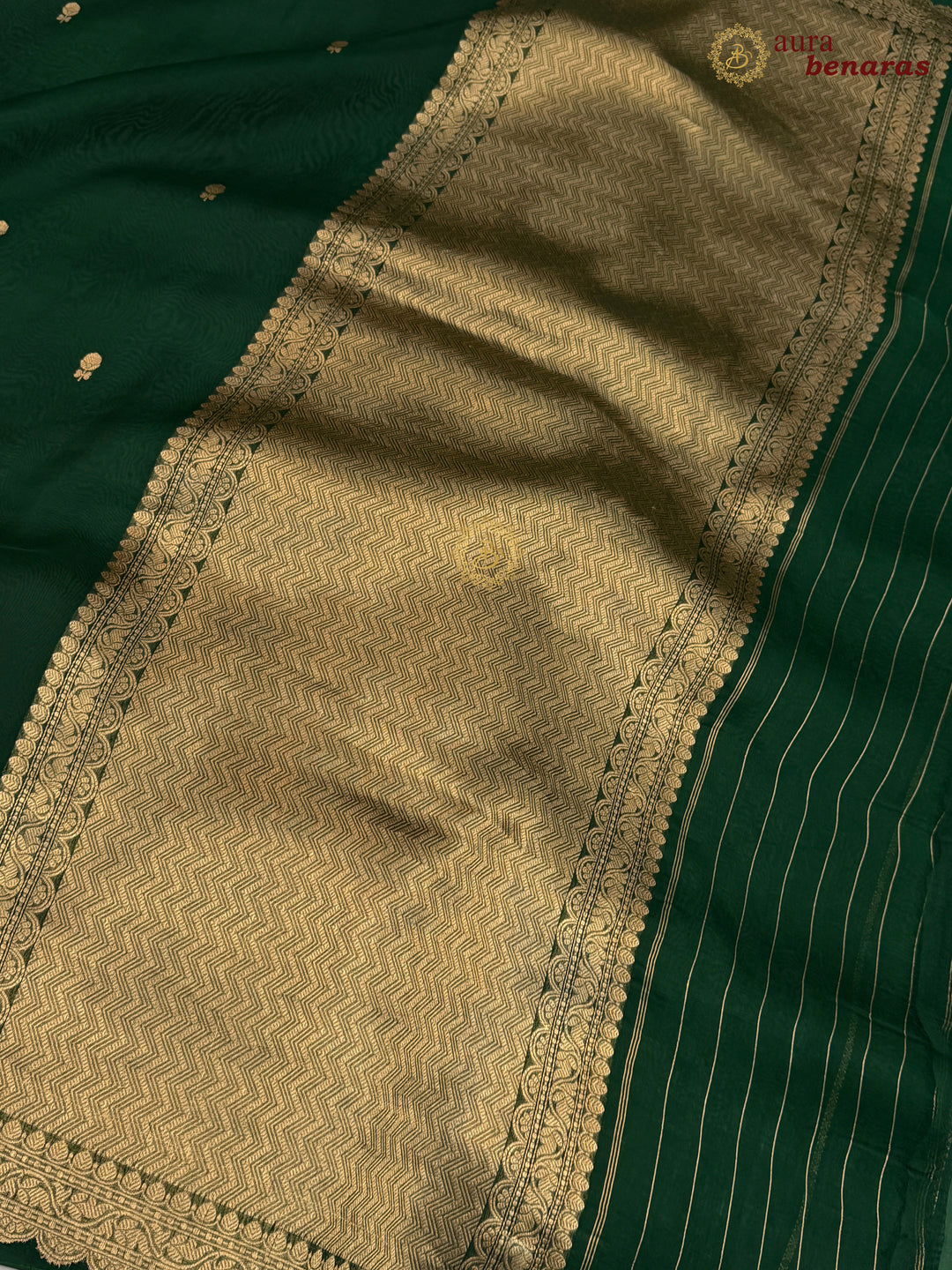 Bottle Green Pure Kora Silk Banarasi Saree with Zari Butis & Border