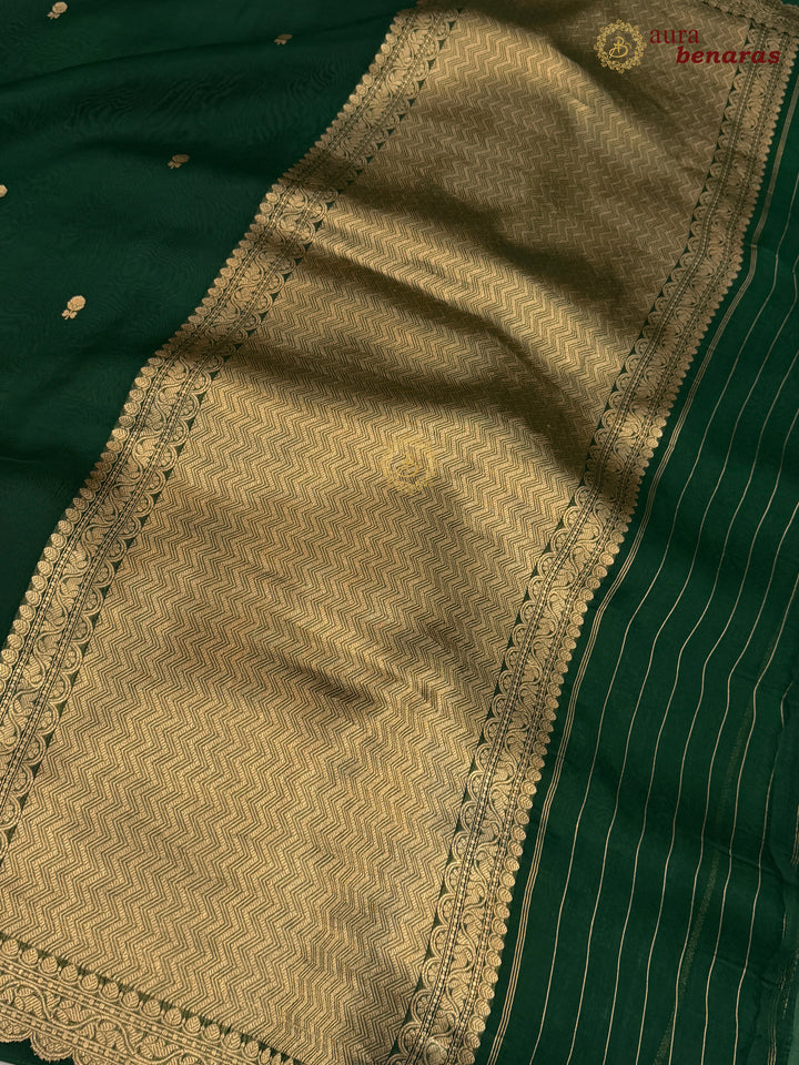 Bottle Green Pure Kora Silk Banarasi Saree with Zari Butis & Border