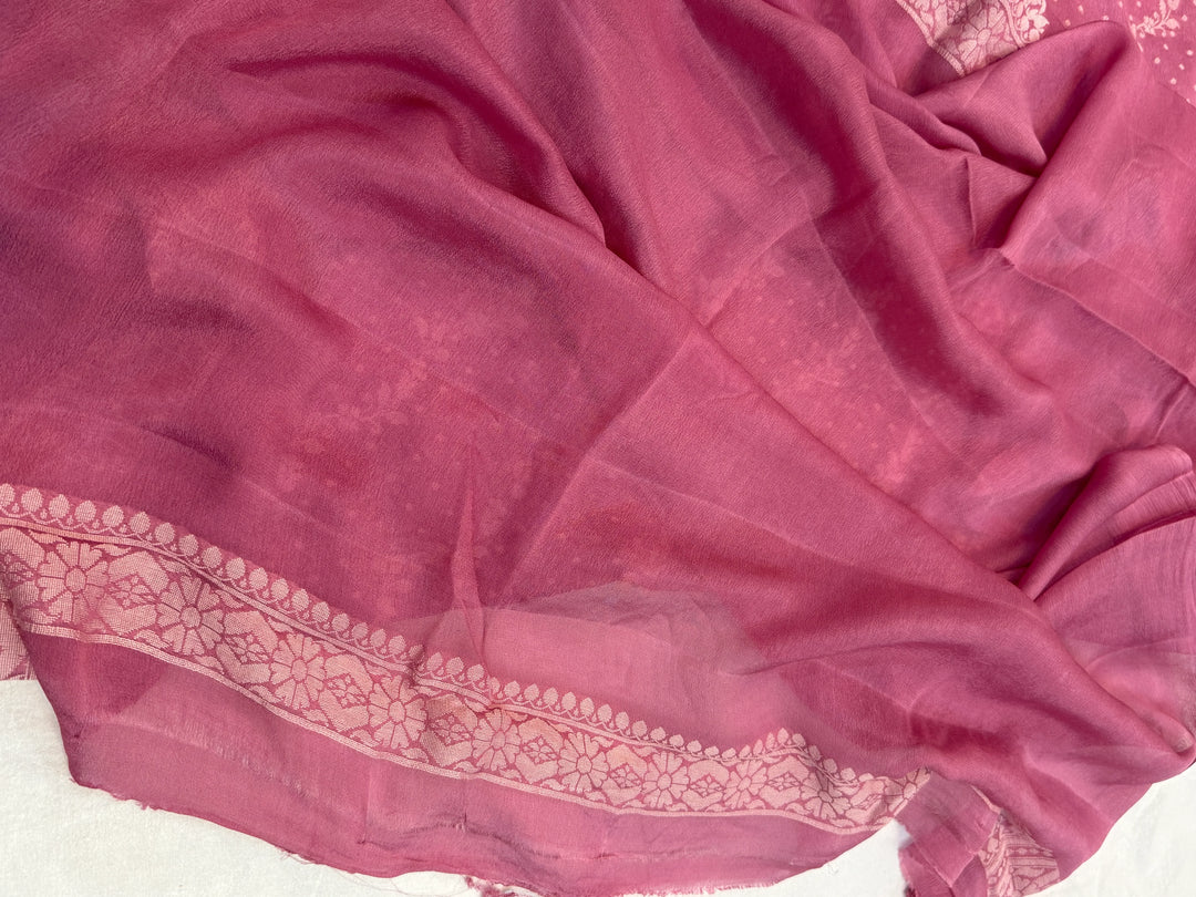 Onion Pink Pure Banarasi Khaddi Chiffon Saree