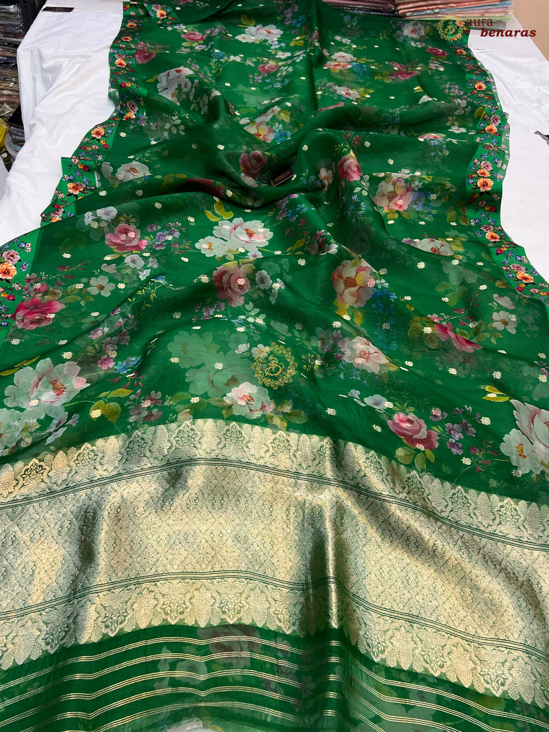 Green Purple Pure Banarasi Kora Silk Saree with Digital Print 