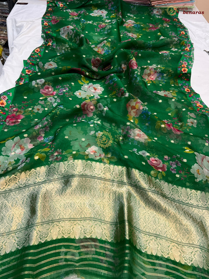 Green Purple Pure Banarasi Kora Silk Saree with Digital Print 