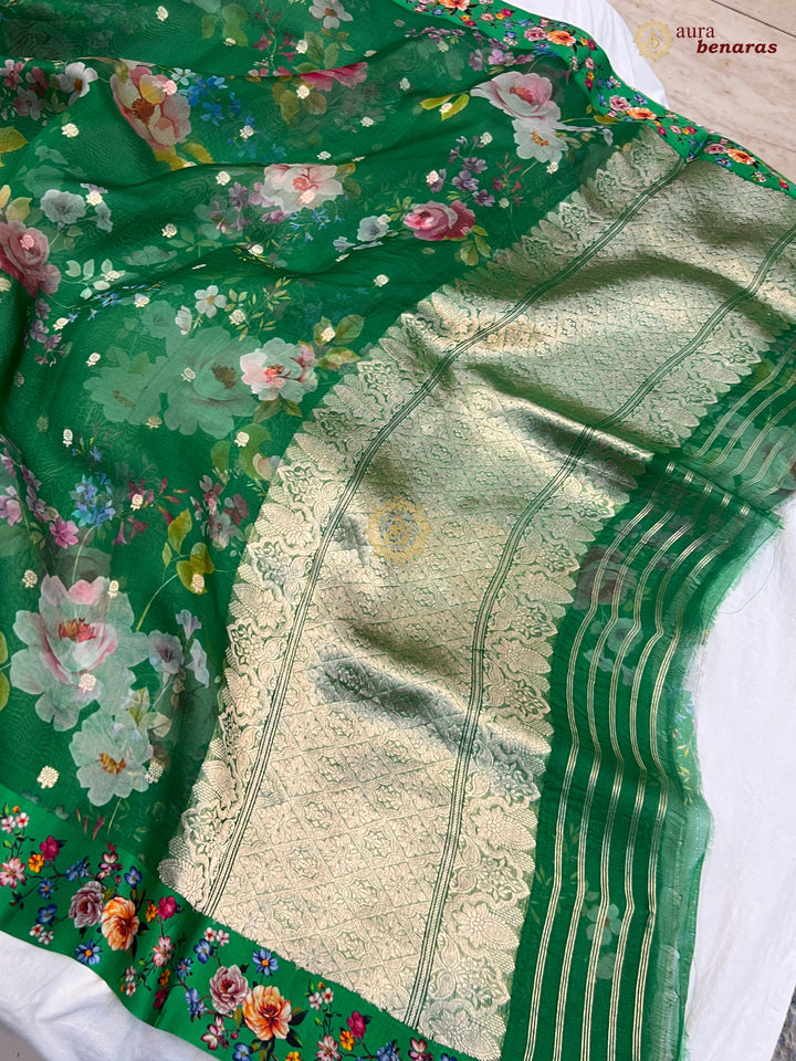 Green Purple Pure Banarasi Kora Silk Saree with Digital Print 