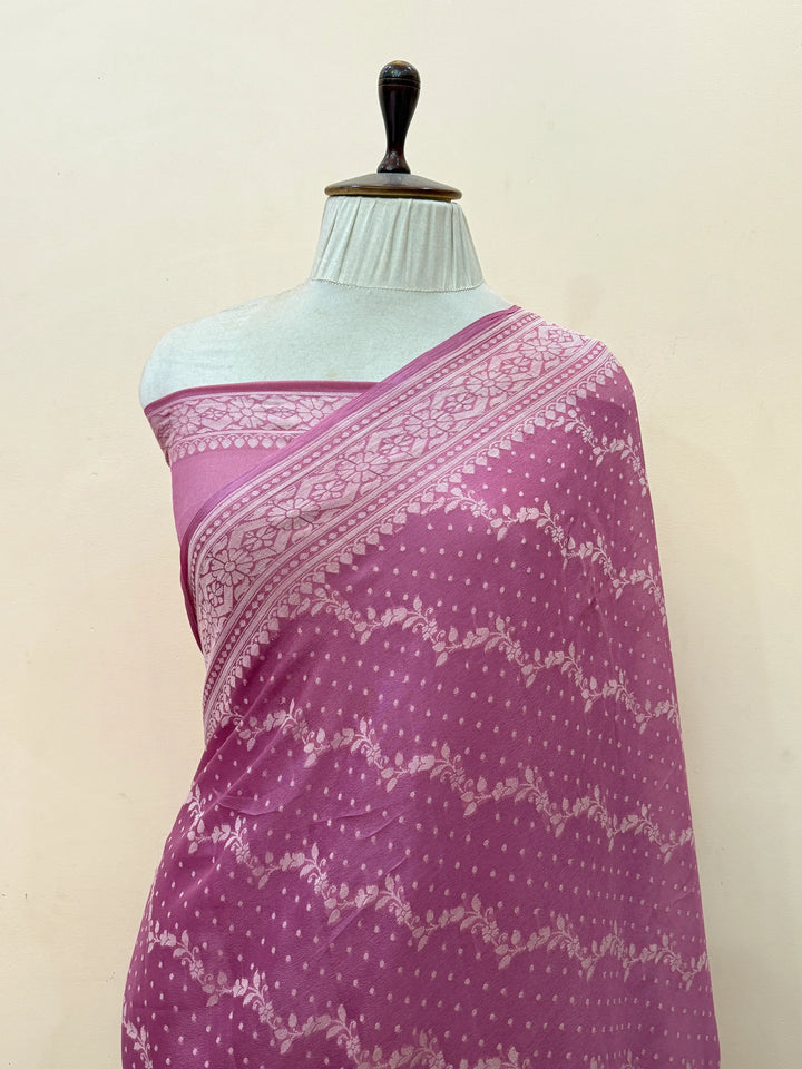 Onion Pink Pure Banarasi Khaddi Chiffon Saree
