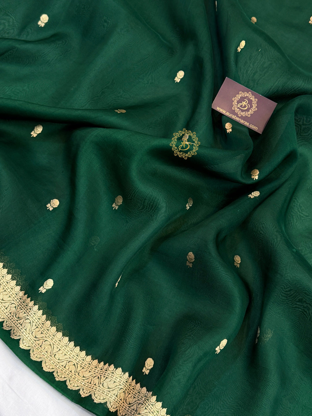 Bottle Green Pure Kora Silk Banarasi Saree with Zari Butis & Border