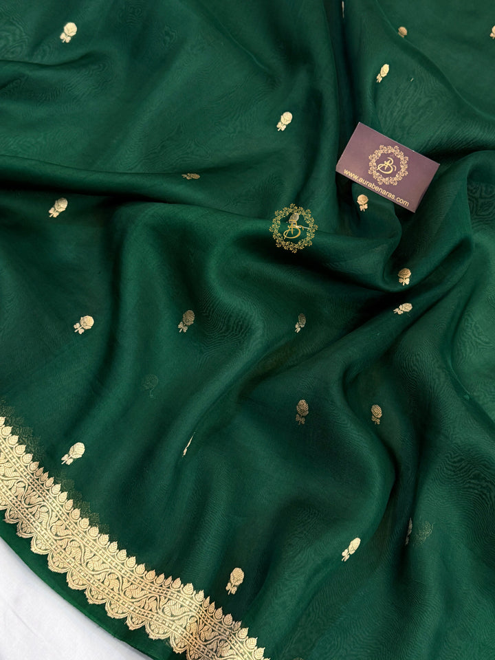 Bottle Green Pure Kora Silk Banarasi Saree with Zari Butis & Border