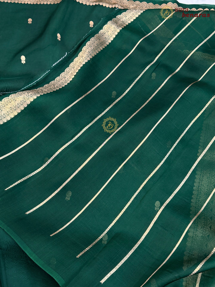 Bottle Green Pure Kora Silk Banarasi Saree with Zari Butis & Border