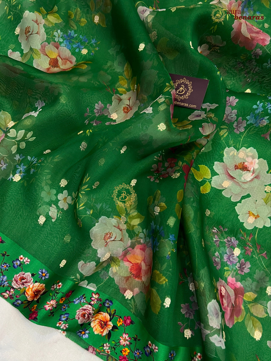 Green Purple Pure Banarasi Kora Silk Saree with Digital Print 