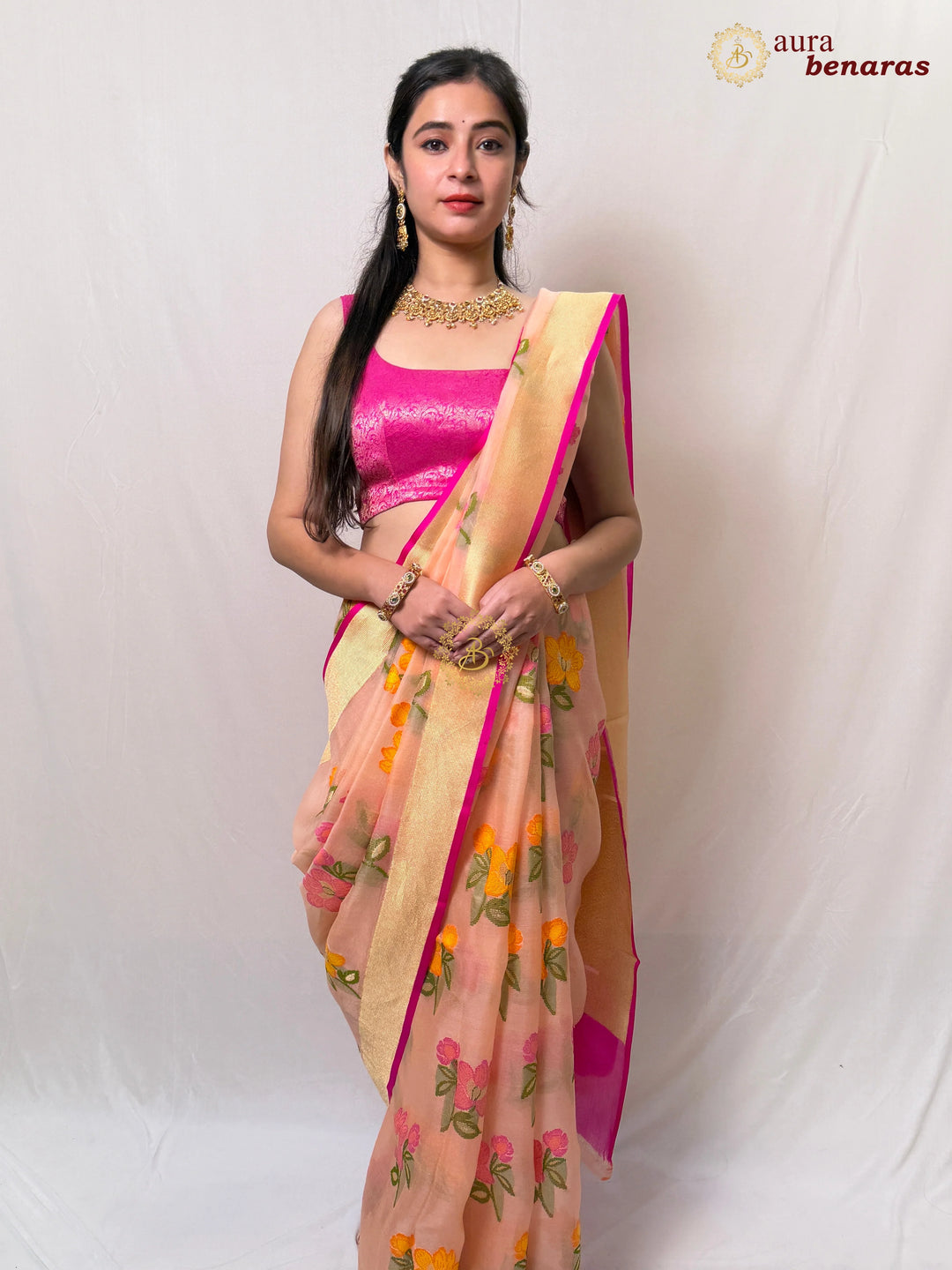 Pastel Peach Banarasi Handloom Kora Silk Saree - Aura Benaras