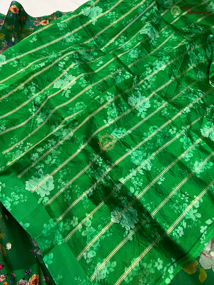 Green Purple Pure Banarasi Kora Silk Saree with Digital Print 