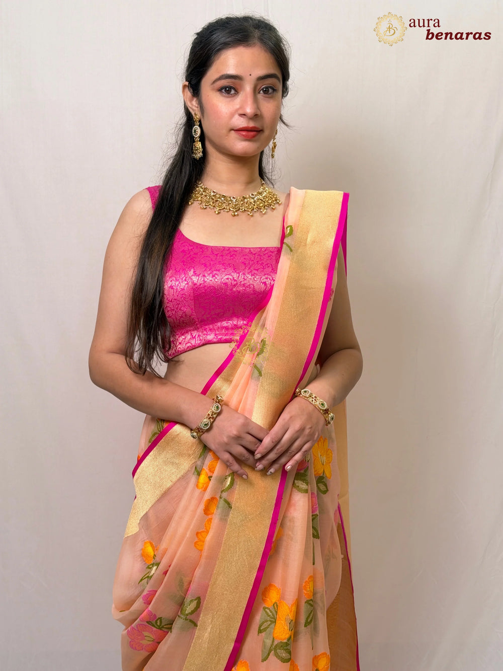 Pastel Peach Banarasi Handloom Kora Silk Saree - Aura Benaras