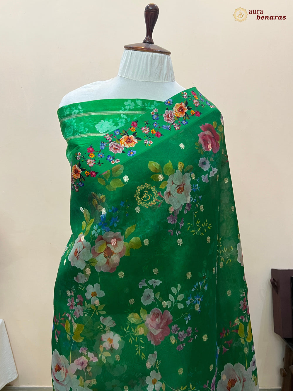 Green Purple Pure Banarasi Kora Silk Saree with Digital Print 