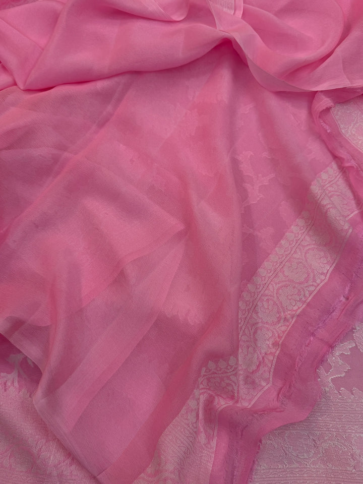 Baby Pink Pure Banarasi Khaddi Chiffon Saree
