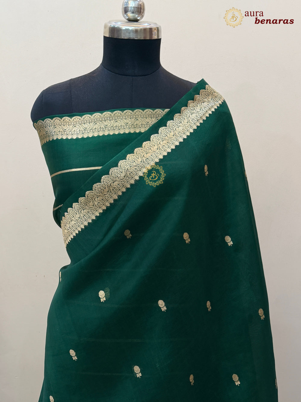 Bottle Green Pure Kora Silk Banarasi Saree with Zari Butis & Border