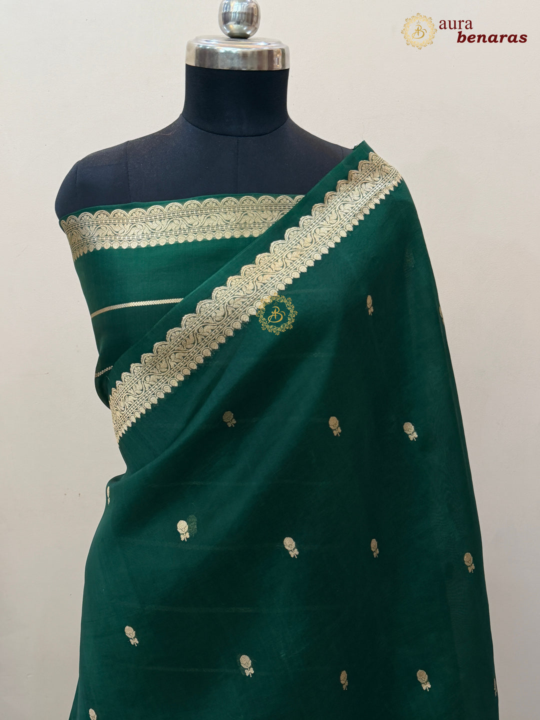 Bottle Green Pure Kora Silk Banarasi Saree with Zari Butis & Border