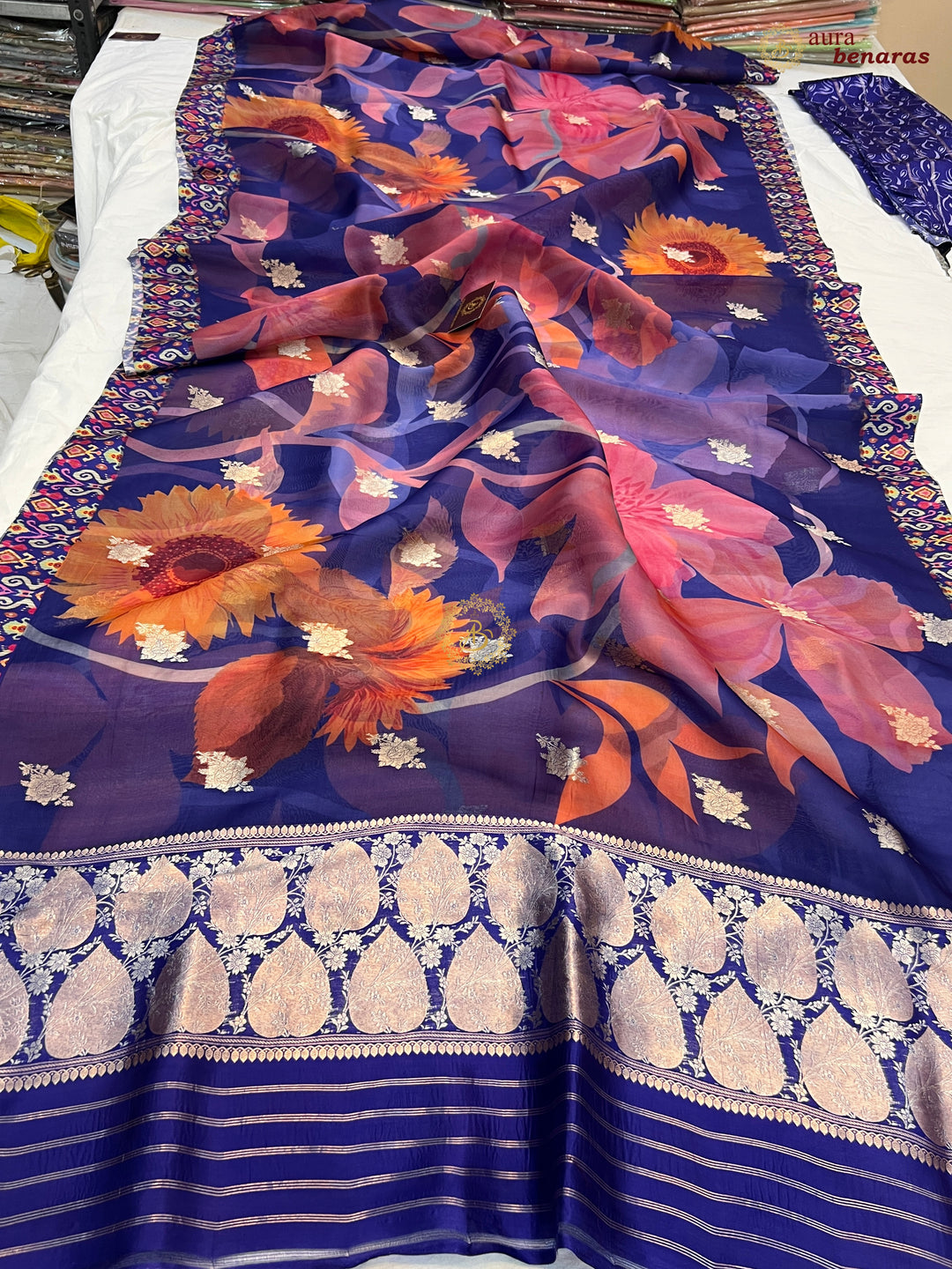 Blue Pure Banarasi Kora Silk Saree with Digital Print 
