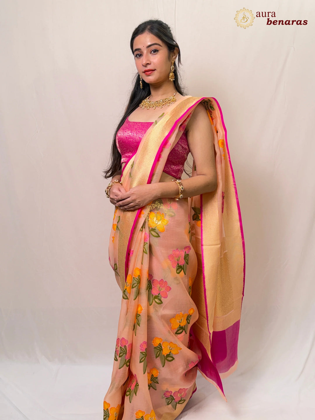 Pastel Peach Banarasi Handloom Kora Silk Saree - Aura Benaras