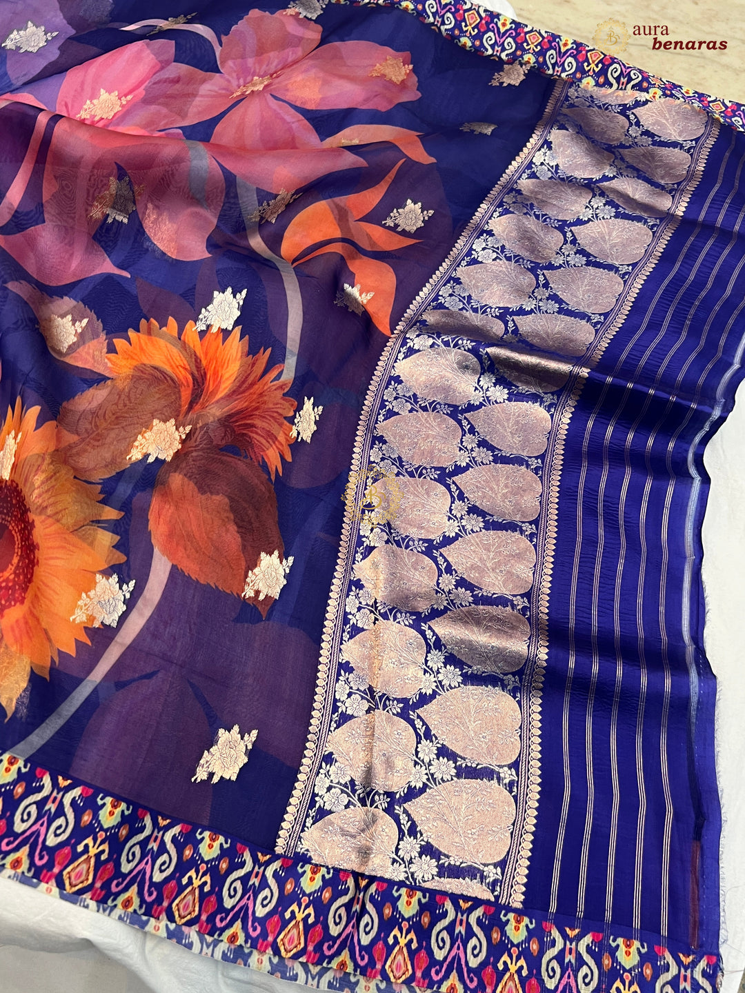 Blue Pure Banarasi Kora Silk Saree with Digital Print 