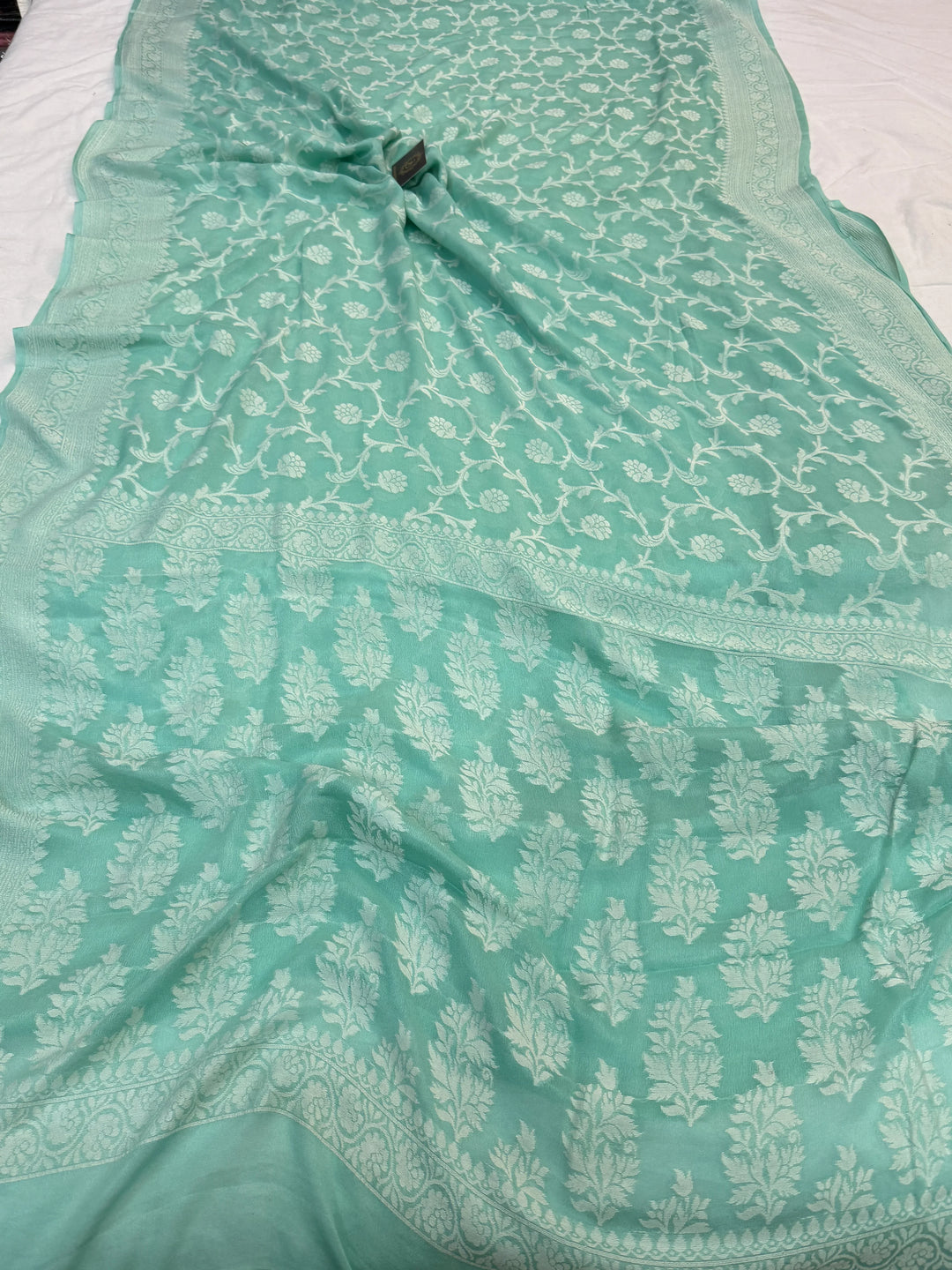 Mint Blue Pure Banarasi Khaddi Chiffon Saree
