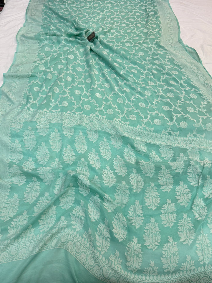 Mint Blue Pure Banarasi Khaddi Chiffon Saree