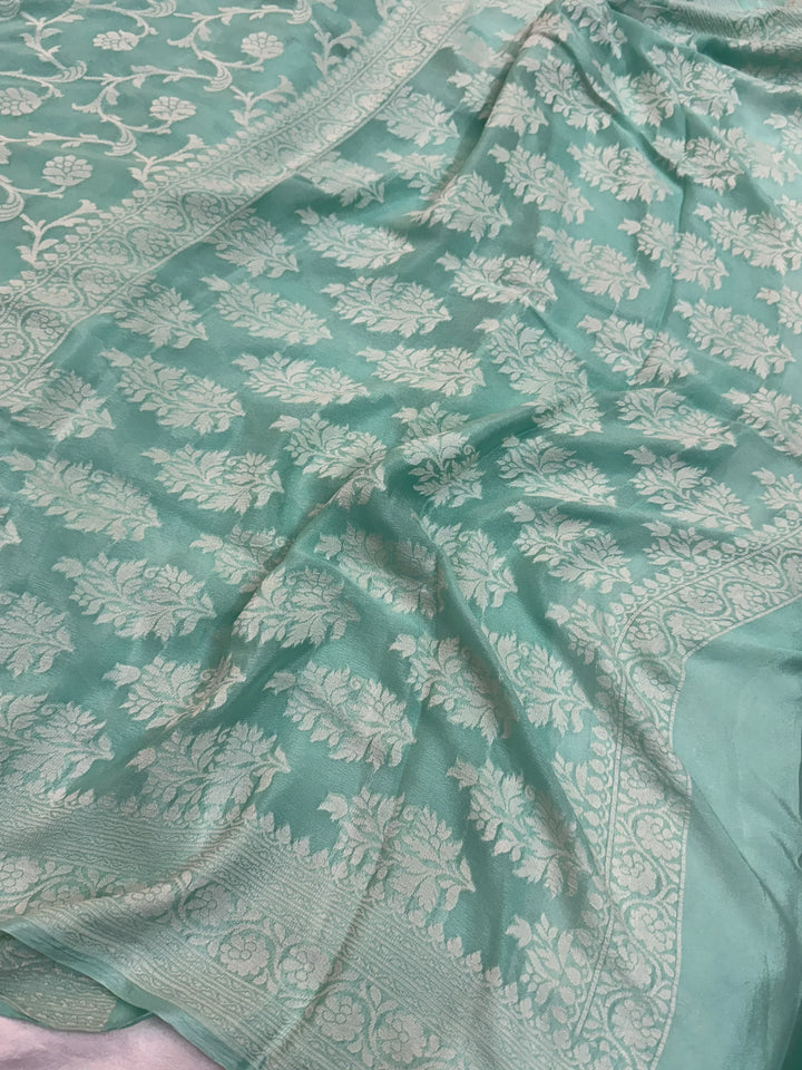 Mint Blue Pure Banarasi Khaddi Chiffon Saree