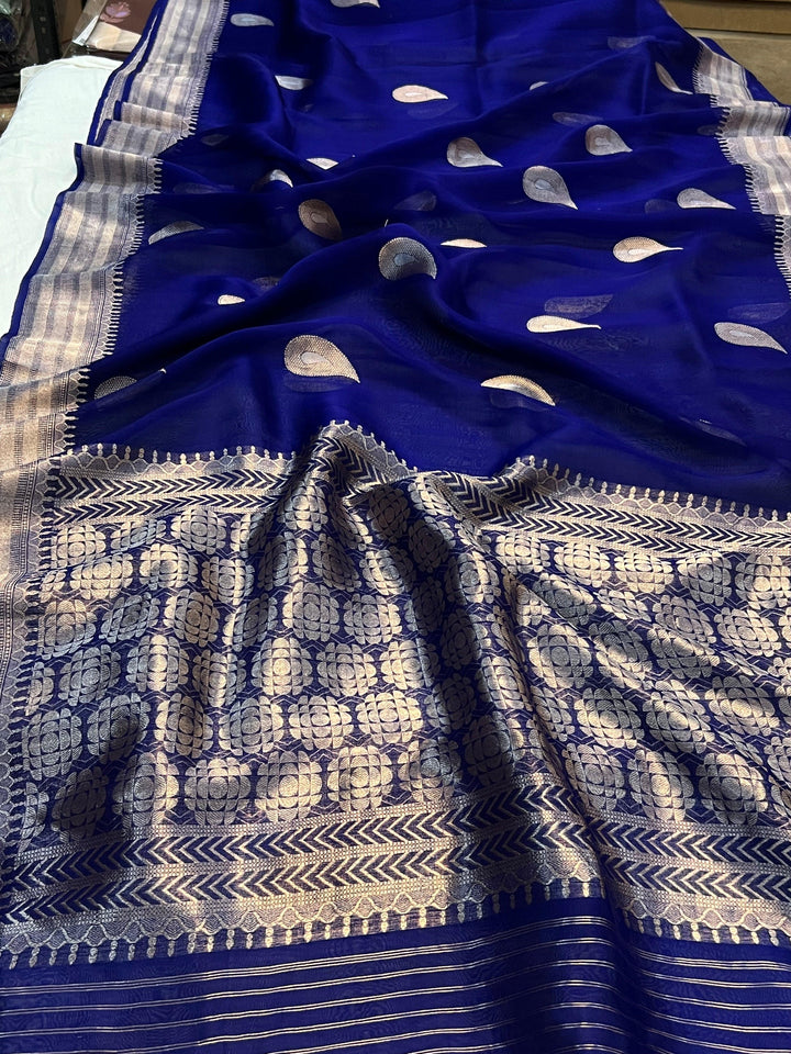 Navy Blue Pure Banarasi Handloom Silk Saree - Aura Benaras