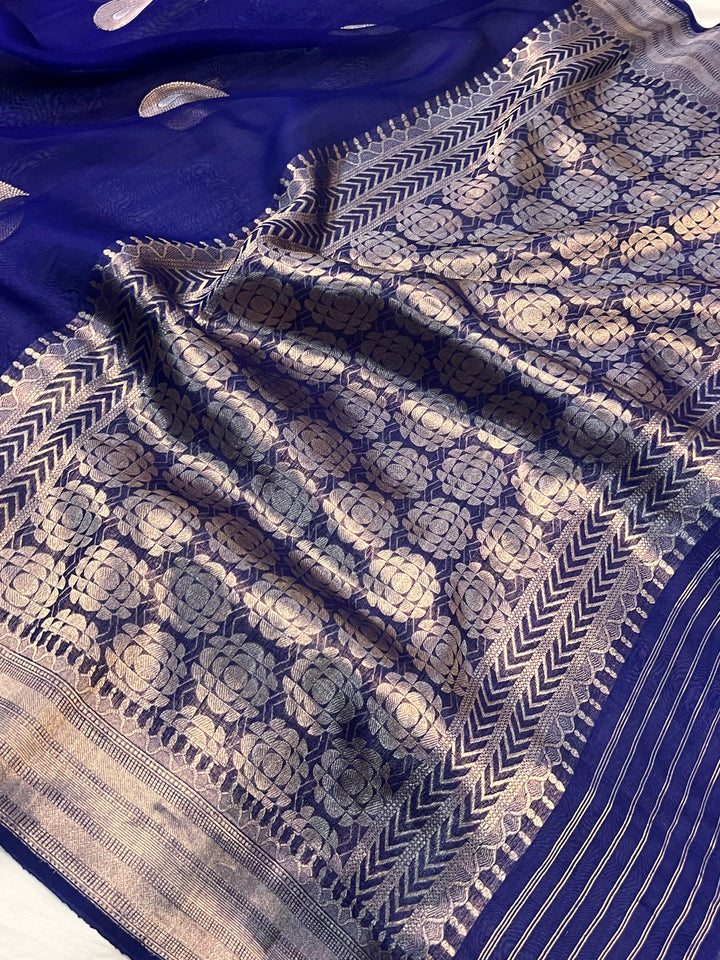 Navy Blue Pure Banarasi Handloom Silk Saree - Aura Benaras