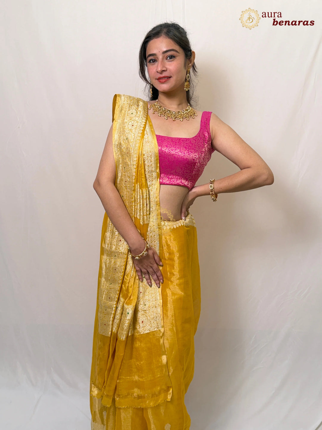 Yellow Chiffon Tissue Silk Banarasi Saree with Sona Rupa