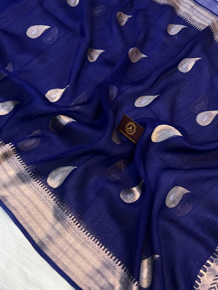 Navy Blue Pure Banarasi Handloom Silk Saree - Aura Benaras