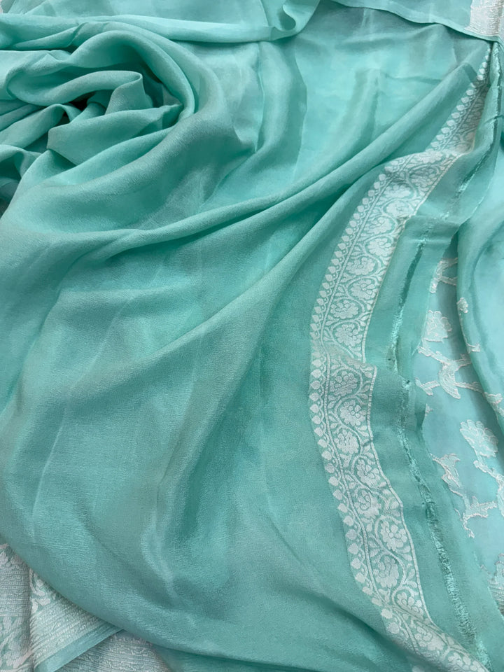 Mint Blue Pure Banarasi Khaddi Chiffon Saree