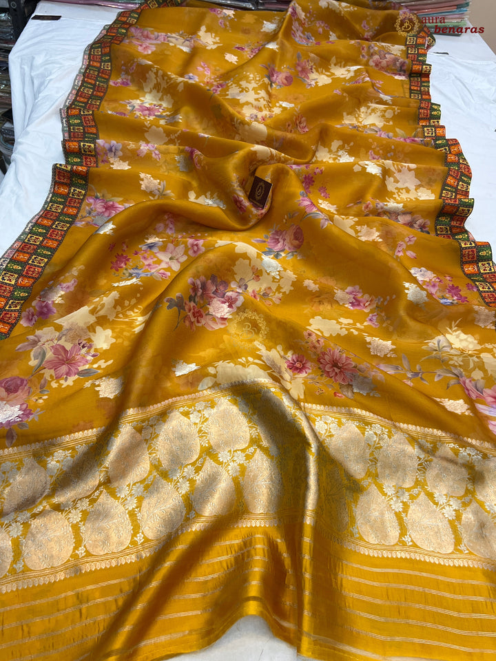 Mustured Yellow  Pure Banarasi Kora Silk Saree with Digital Print 