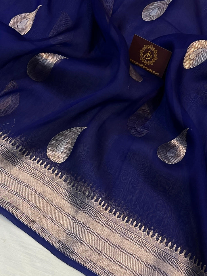 Navy Blue Pure Banarasi Handloom Silk Saree - Aura Benaras