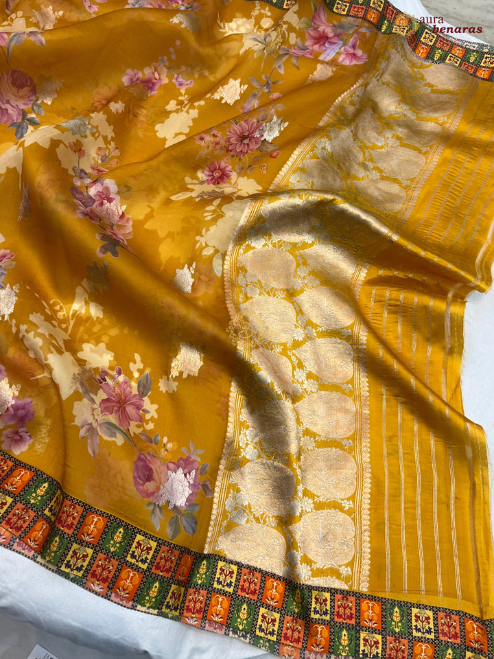 Mustured Yellow Pure Banarasi Kora Silk Saree with Digital Print 