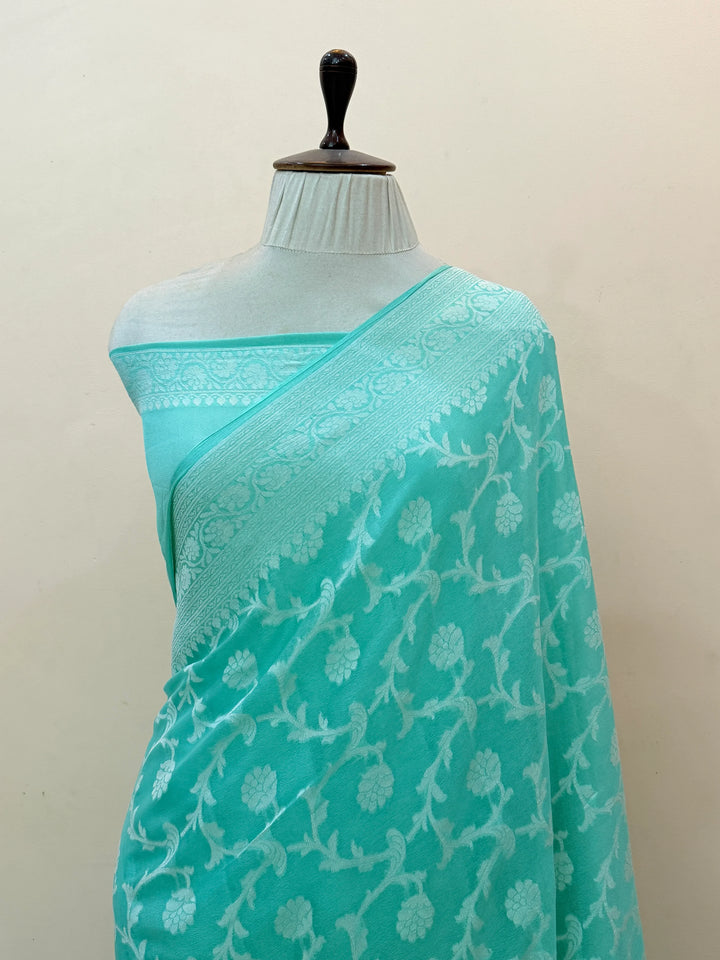 Mint Blue Pure Banarasi Khaddi Chiffon Saree