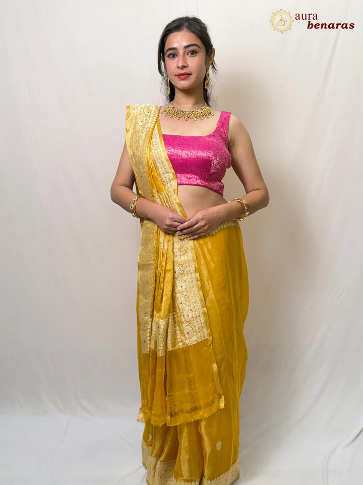 Yellow Chiffon Tissue Silk Banarasi Saree with Sona Rupa