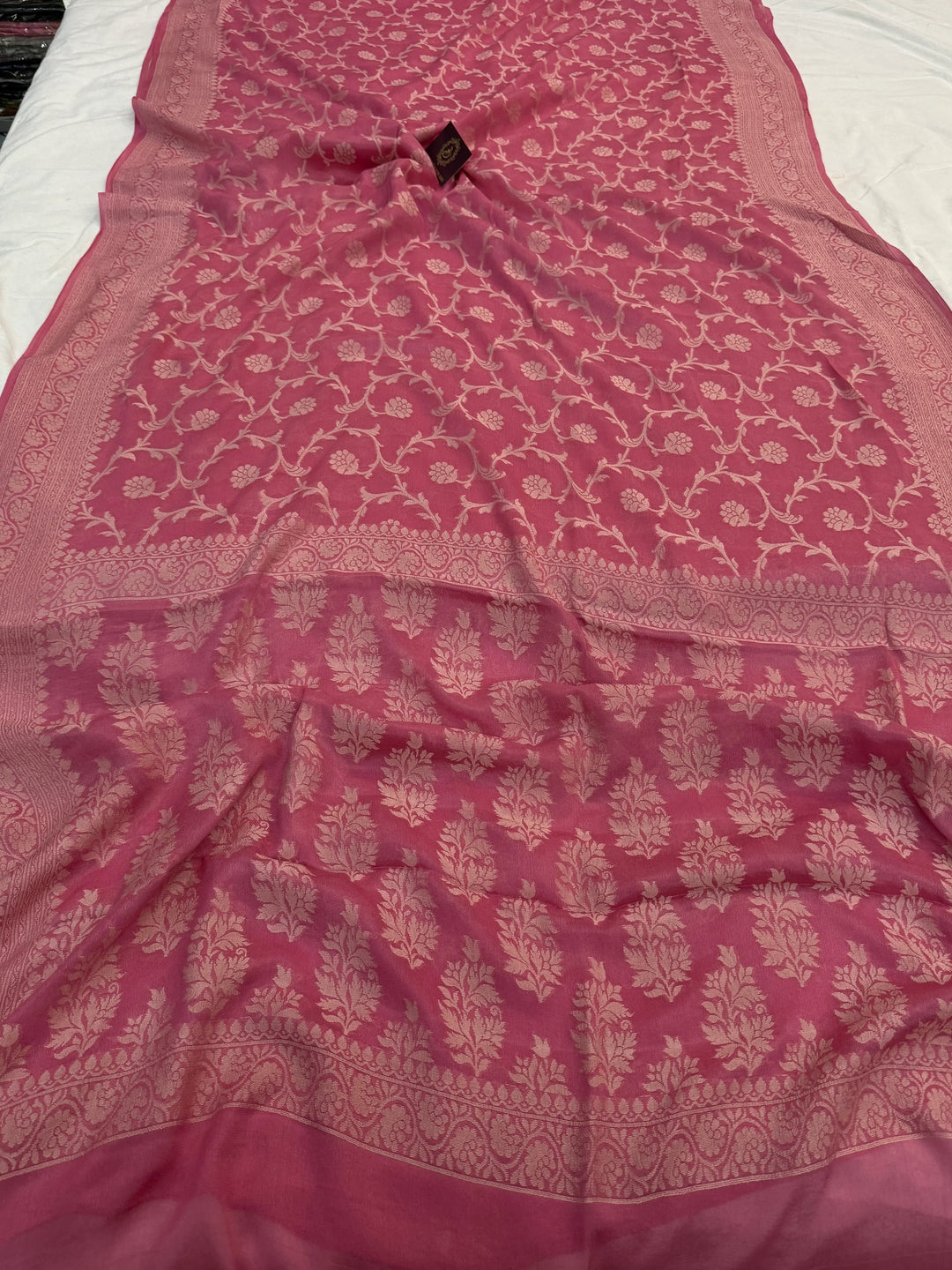 Onion Pink Pure Banarasi Khaddi Chiffon Saree
