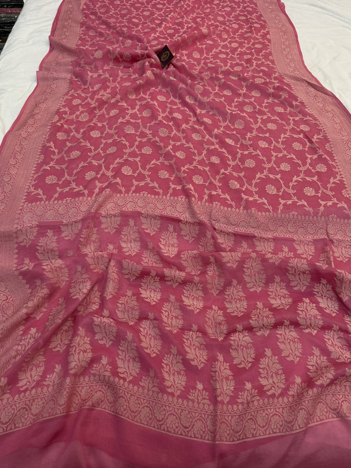 Onion Pink Pure Banarasi Khaddi Chiffon Saree