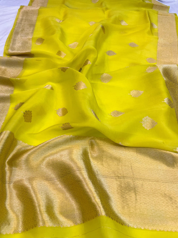 Lemon Yellow Banarasi Handloom Kora Silk Saree