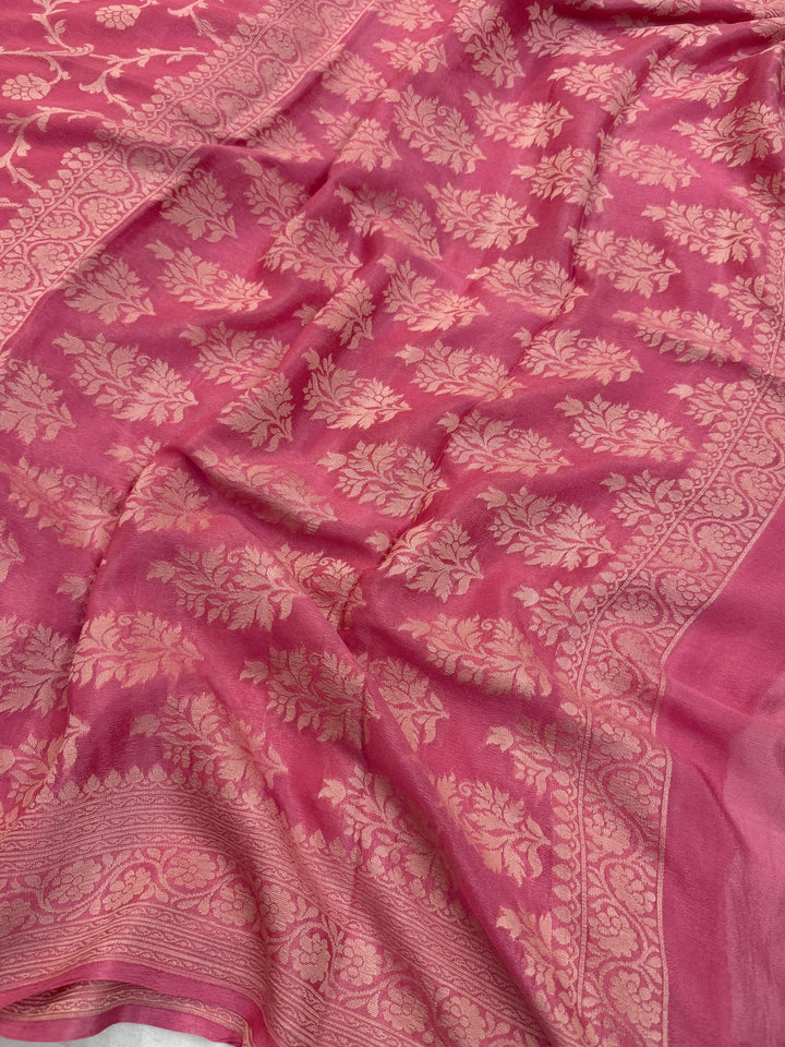 Onion Pink Pure Banarasi Khaddi Chiffon Saree